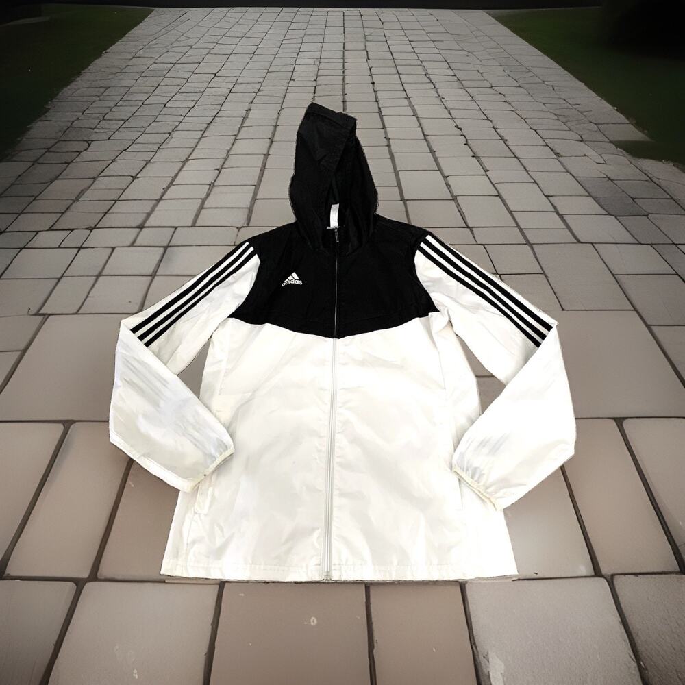 Adidas Windbreaker Jacket Womens Small AFS Tiro Black/White Full Zip Hooded Mesh